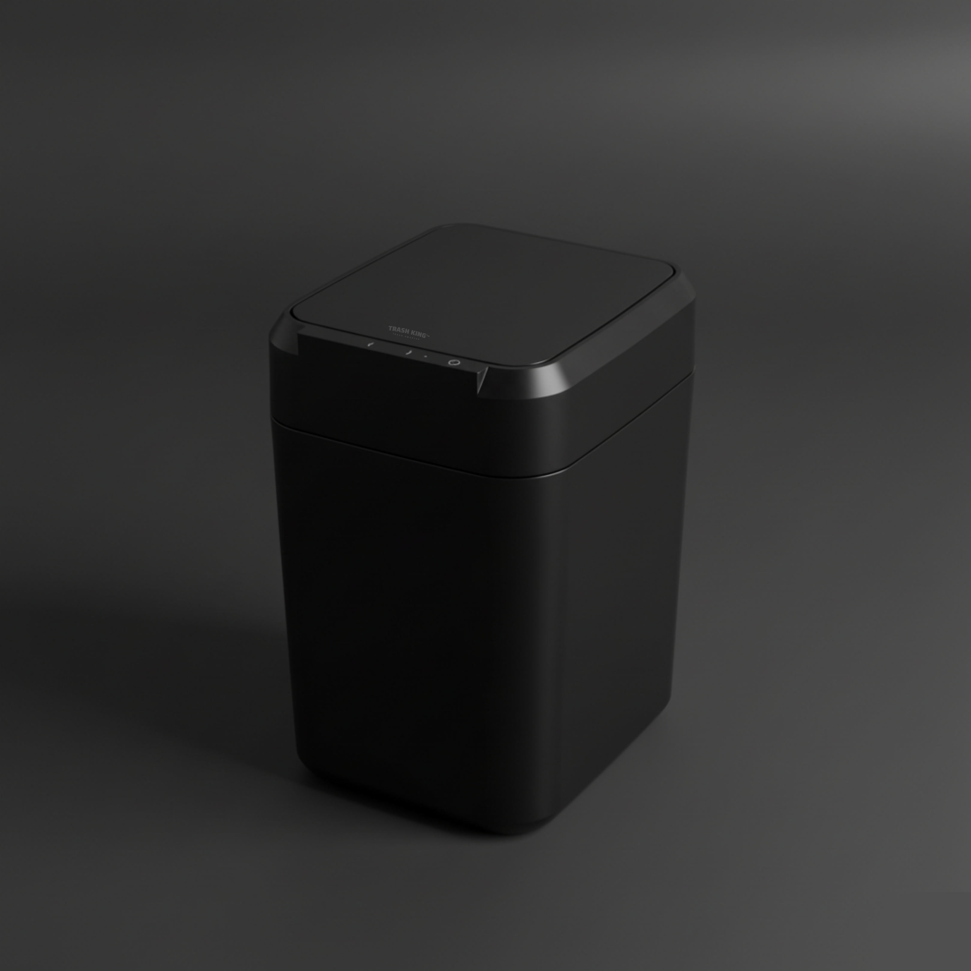 Matte black Royal Bin NOIR with its lid sealed shut on a dark background