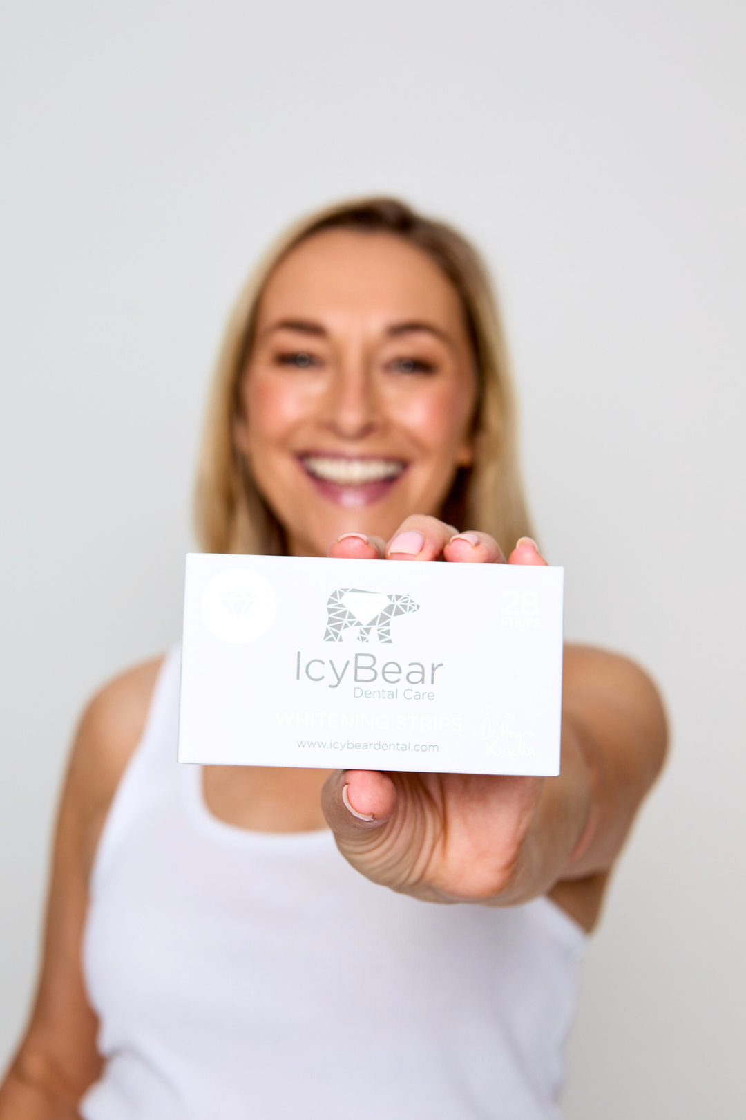 model with icy bear teeth whitening strips