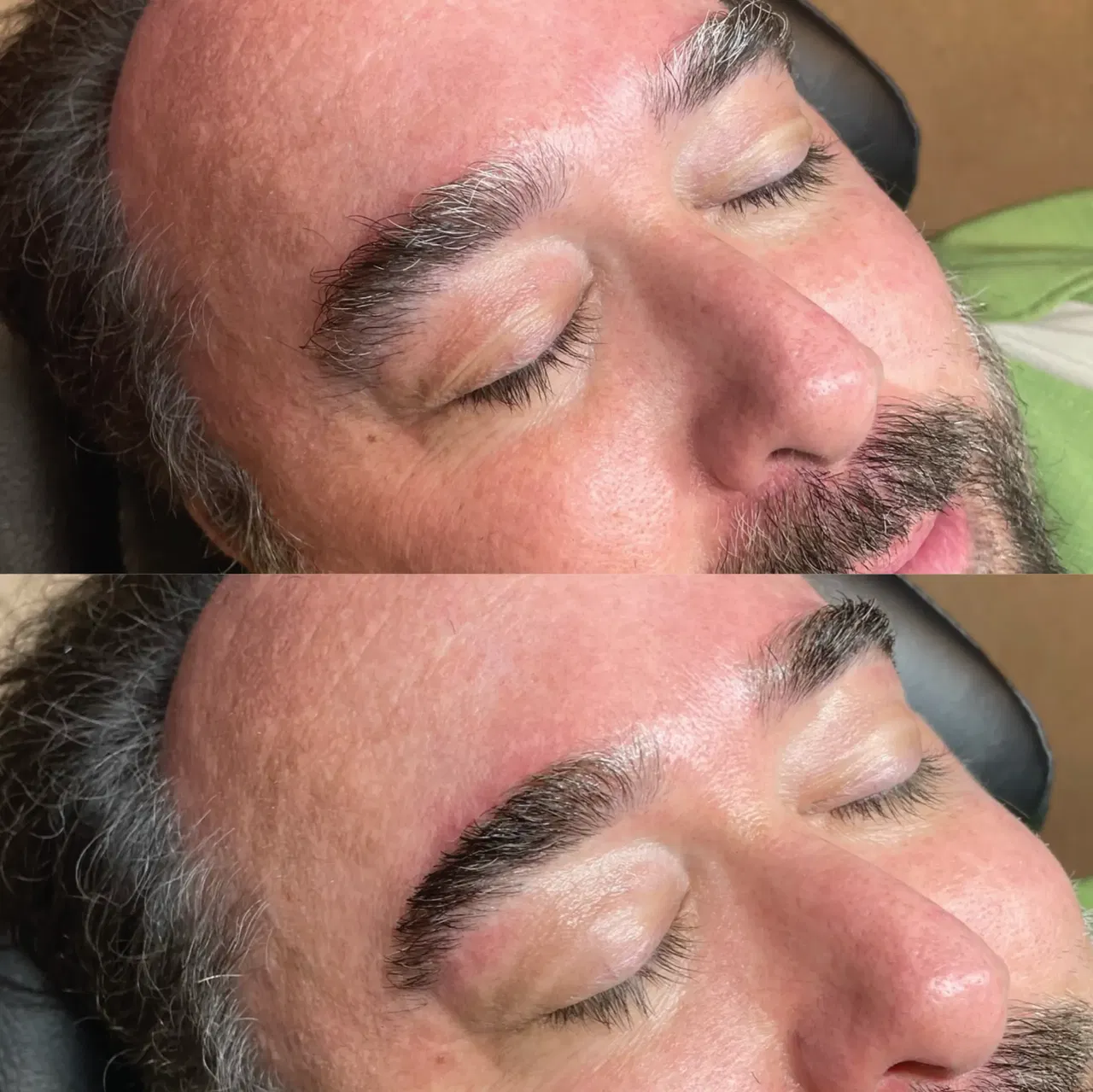 Close-up of a man's face before and after eyebrow grooming, showing neater eyebrows.