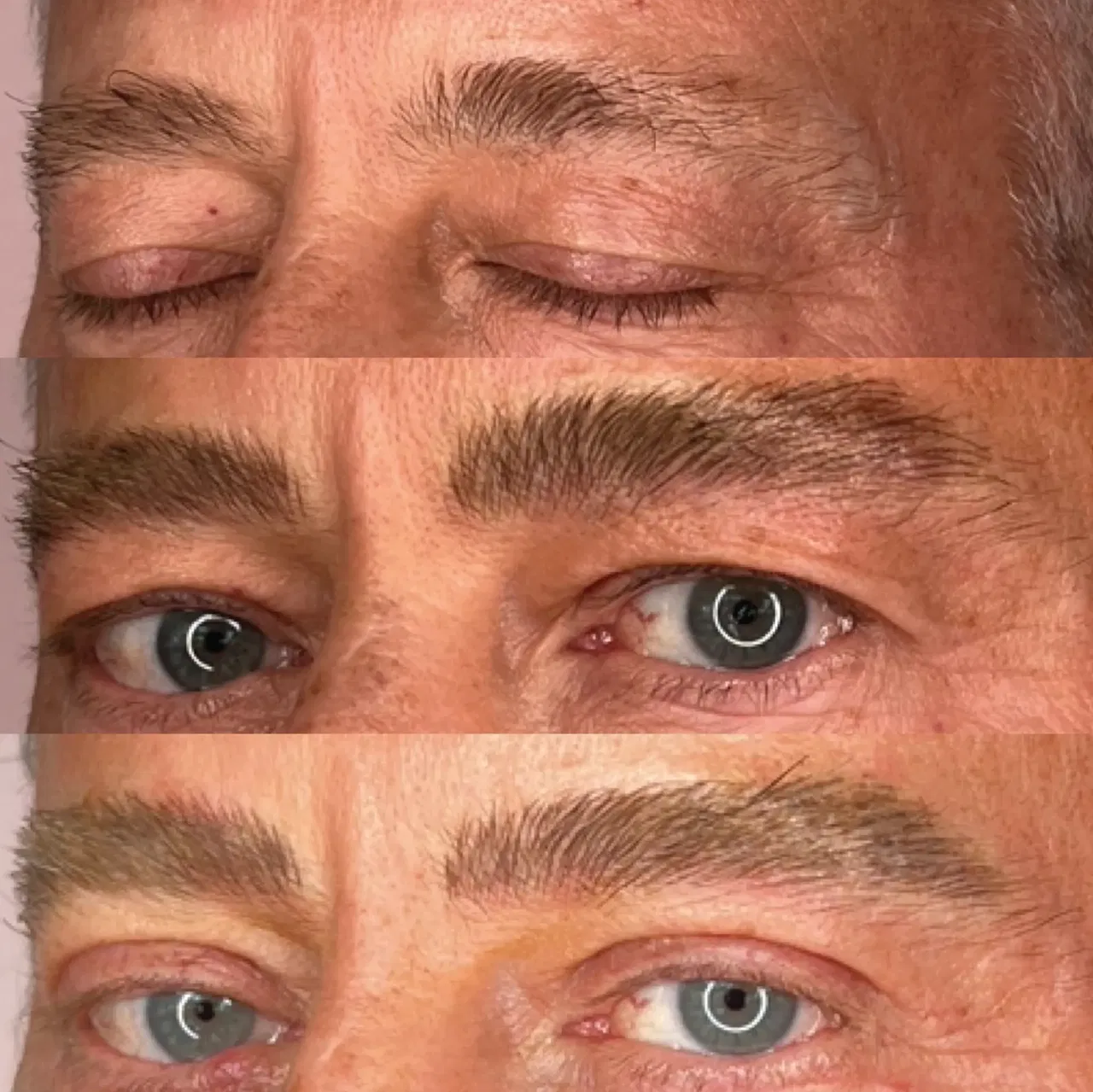 Three close-up images show eyes with varying brow appearances and expressions.