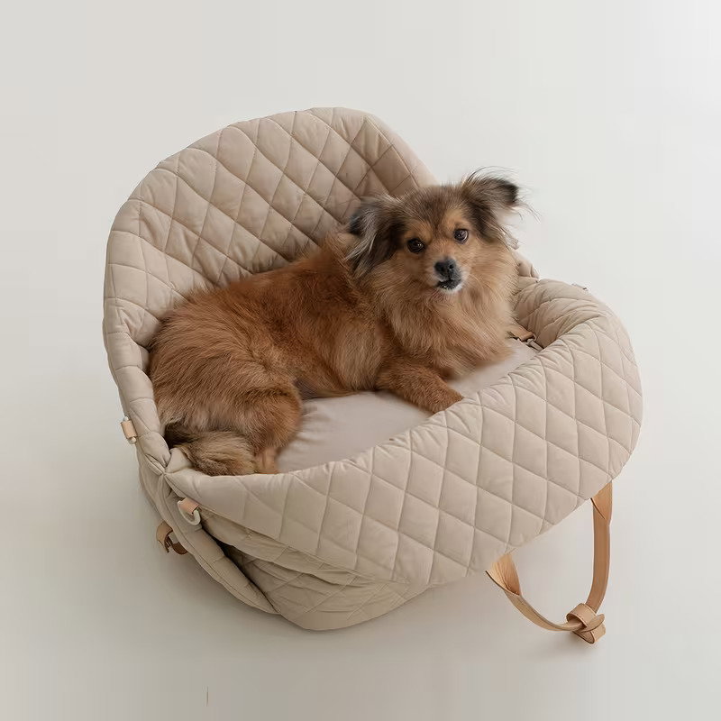 Small dog asleep inside an open pink Porter carrier on a sofa