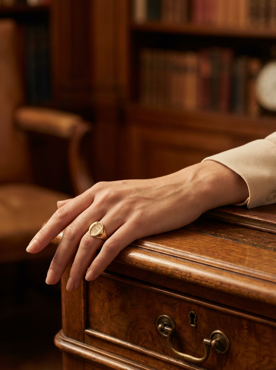 Close-up of hand wearing a gold signet ring resting on polished wooden desk in study