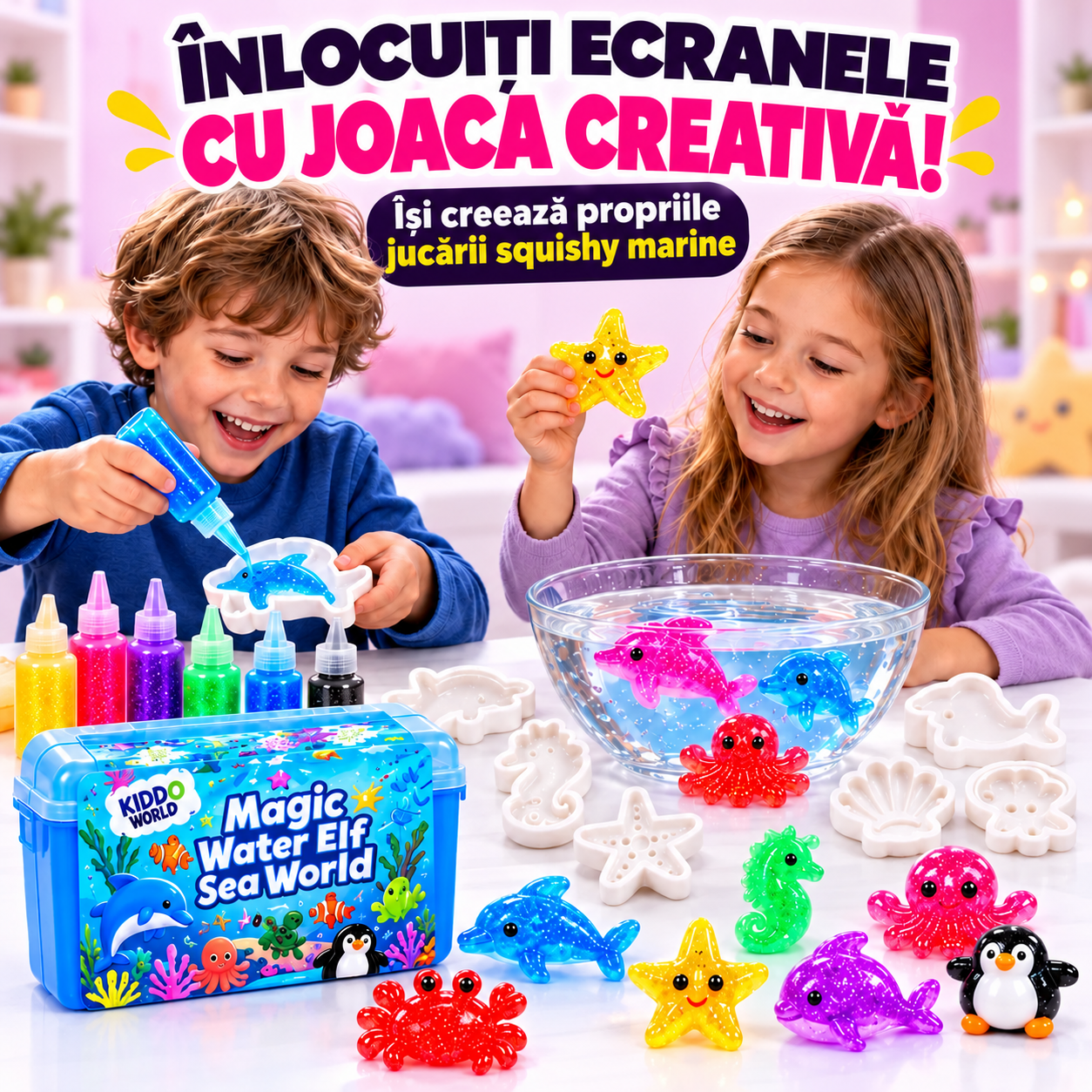 Înlocuiți ecranele cu joacă creativă – frați care își creează propriile jucării squishy marine cu setul Magic Water Elf Sea World