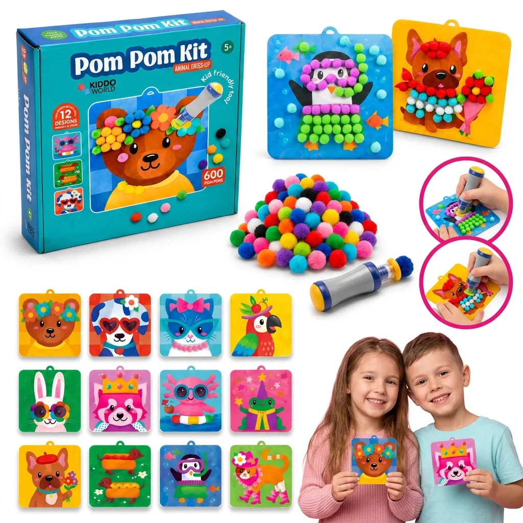 Pom Pom Kit – cutia setului, 12 cartonașe cu animale, 600 de pompoane, instrumentul Pom Pom Master și doi copii fericiți cu animăluțele decorate