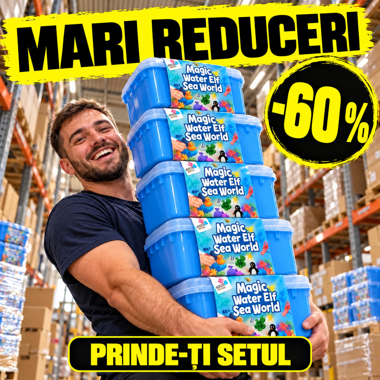 Mari reduceri -60% – bărbat zâmbitor într-un depozit care ține cinci cutii Magic Water Elf Sea World, prinde-ți setul