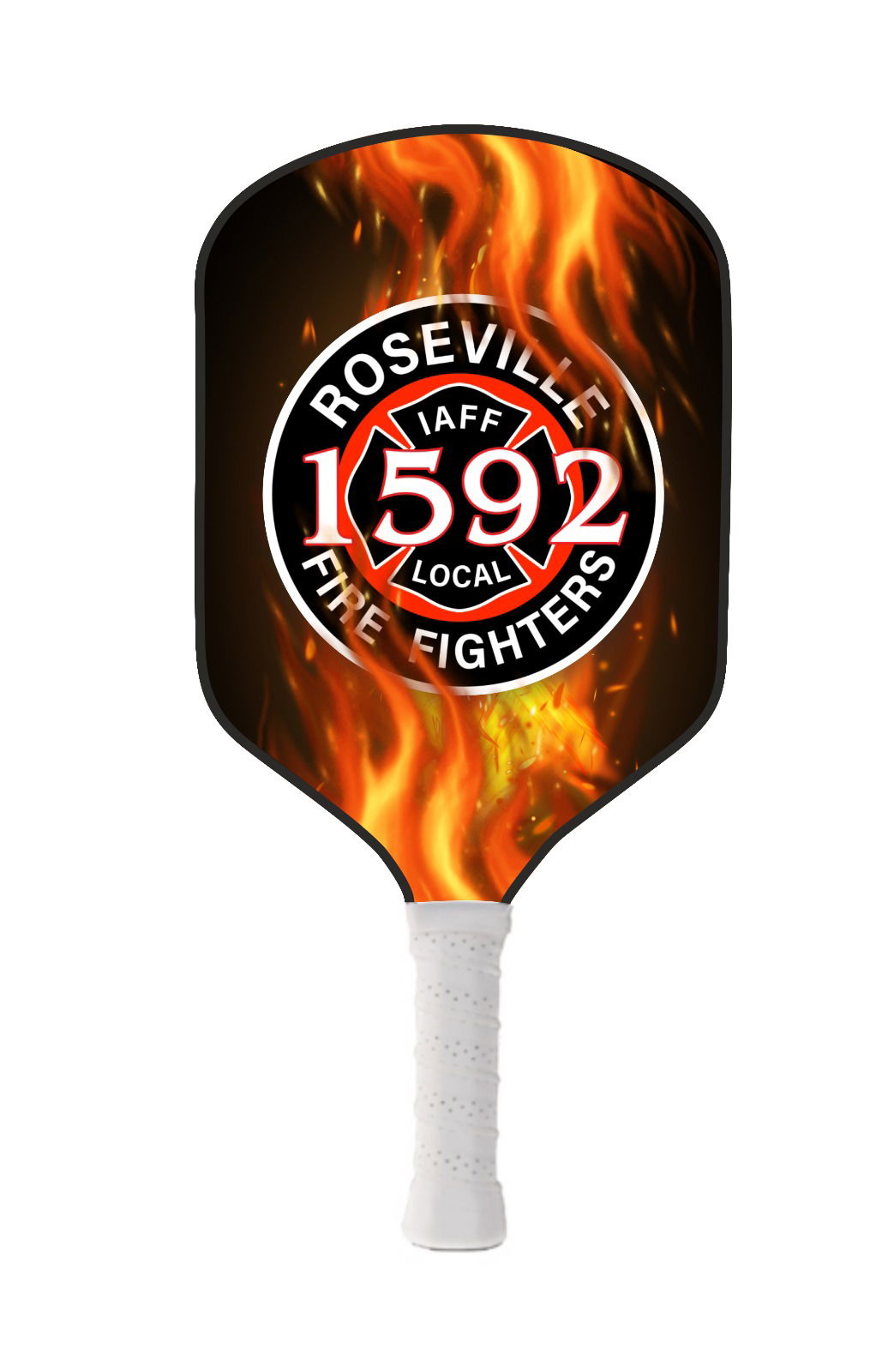 Pickleball paddle with flames and &quot;Roseville Fire Fighters IAFF Local 1592&quot; logo.