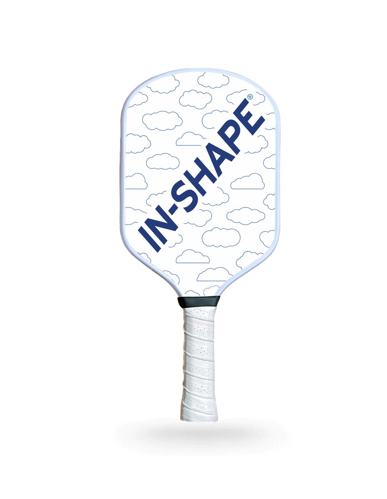 Pickleball paddle with cloud pattern and &quot;IN-SHAPE&quot; text, white grip handle.