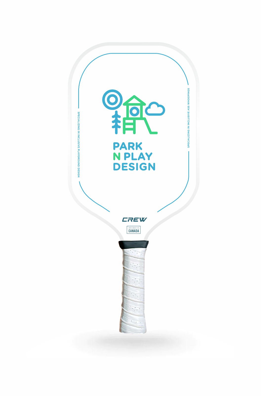 A white pickleball paddle with &quot;Park N Play Design&quot; logo and grip.