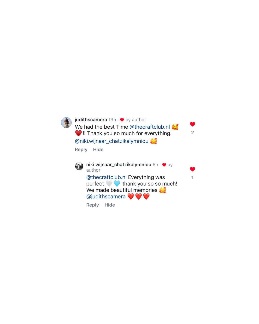 Instagram comments tagging The Craft Club: we had the best time, thank you so much for everything; everything was perfect, we made beautiful memories.