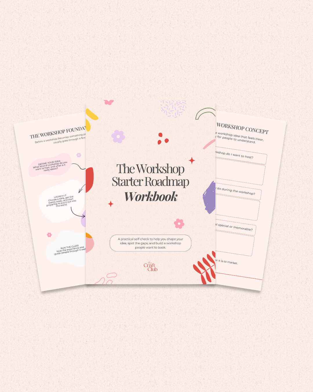 The Workshop Starter Roadmap workbook cover with two inside pages fanned out behind it