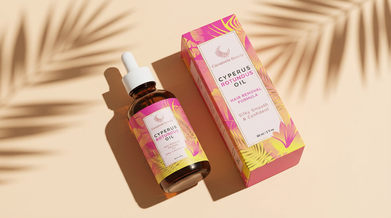 Bottle and box of Cyperus Rotundus hair removal oil on beige surface with shadows