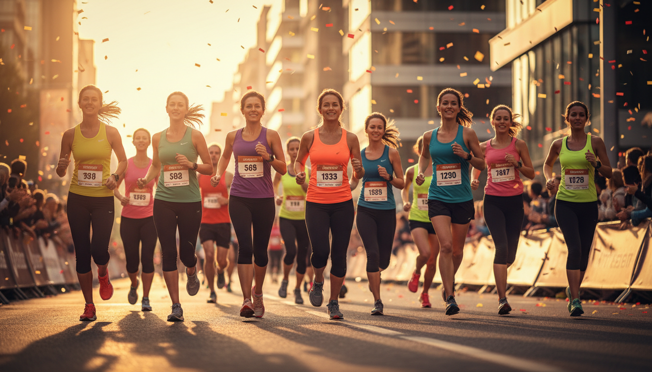 Marathon runners crossing the finish line in golden evening light