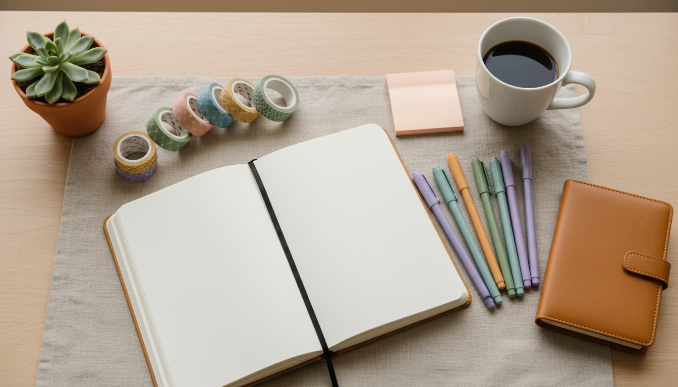 A tidy desk with notebooks, pens and stationery essentials