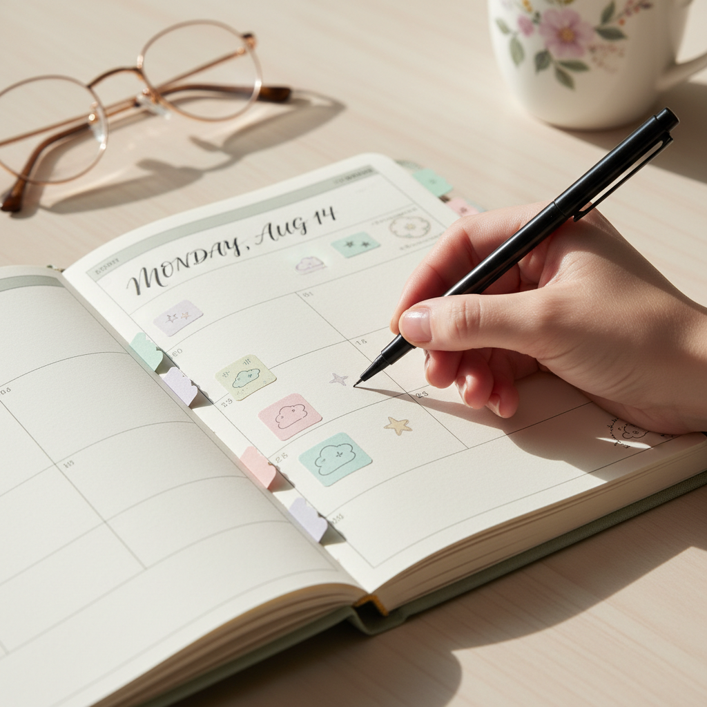 A weekly planner with sticky notes and a pen