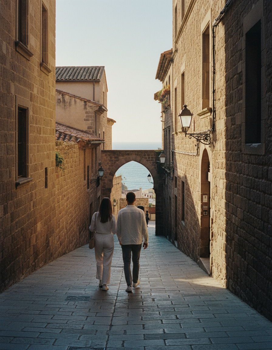 Sonnige Straßen und Strandpromenade in Barcelona