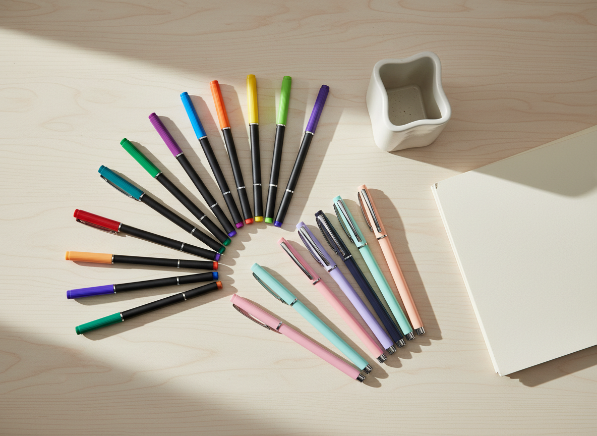 Pens arranged on a desk