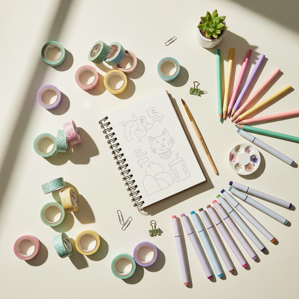 A creative workspace with colored pencils and sketches