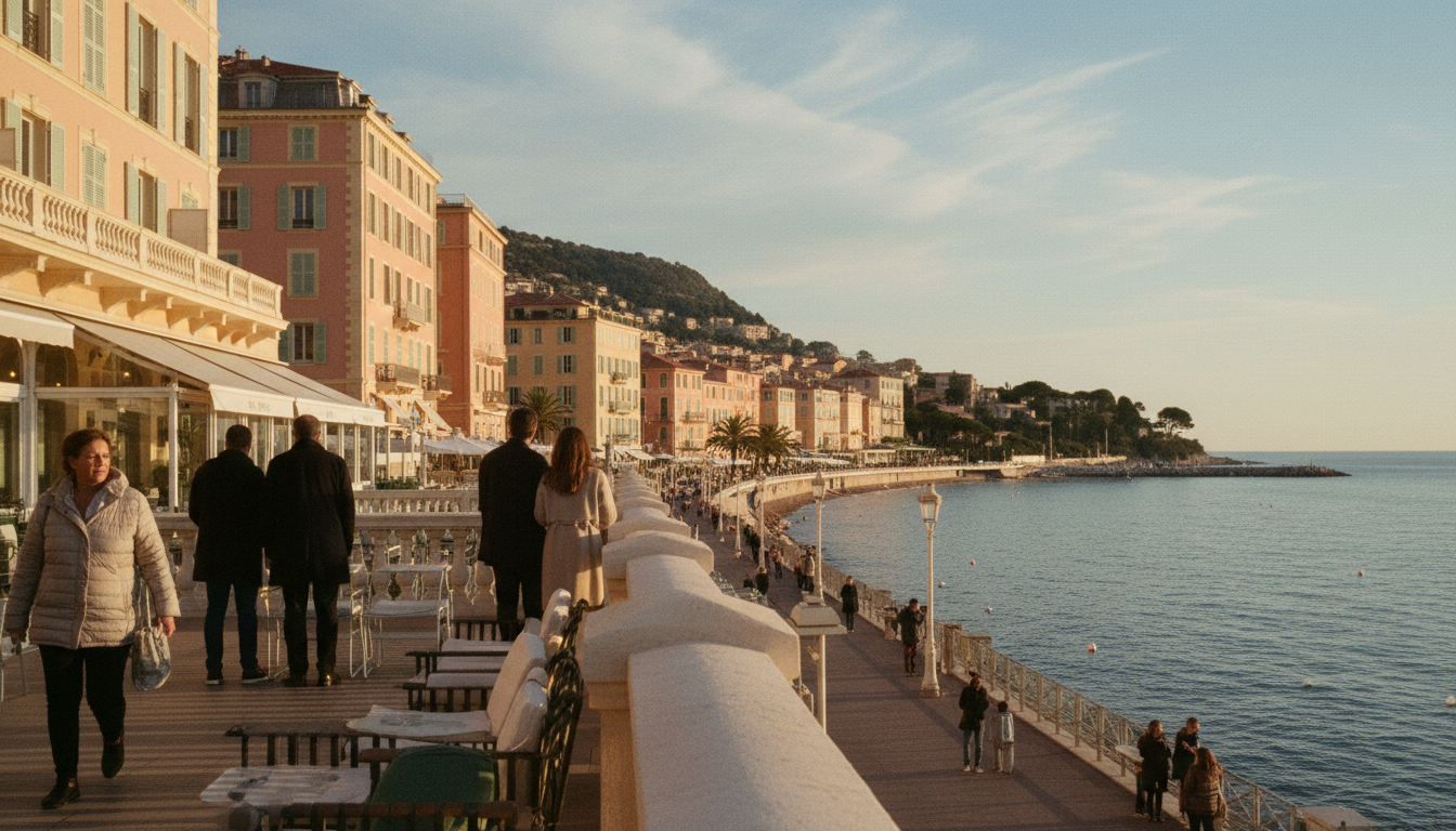 Promenade und Mittelmeerküste von Nizza bei Sonnenschein