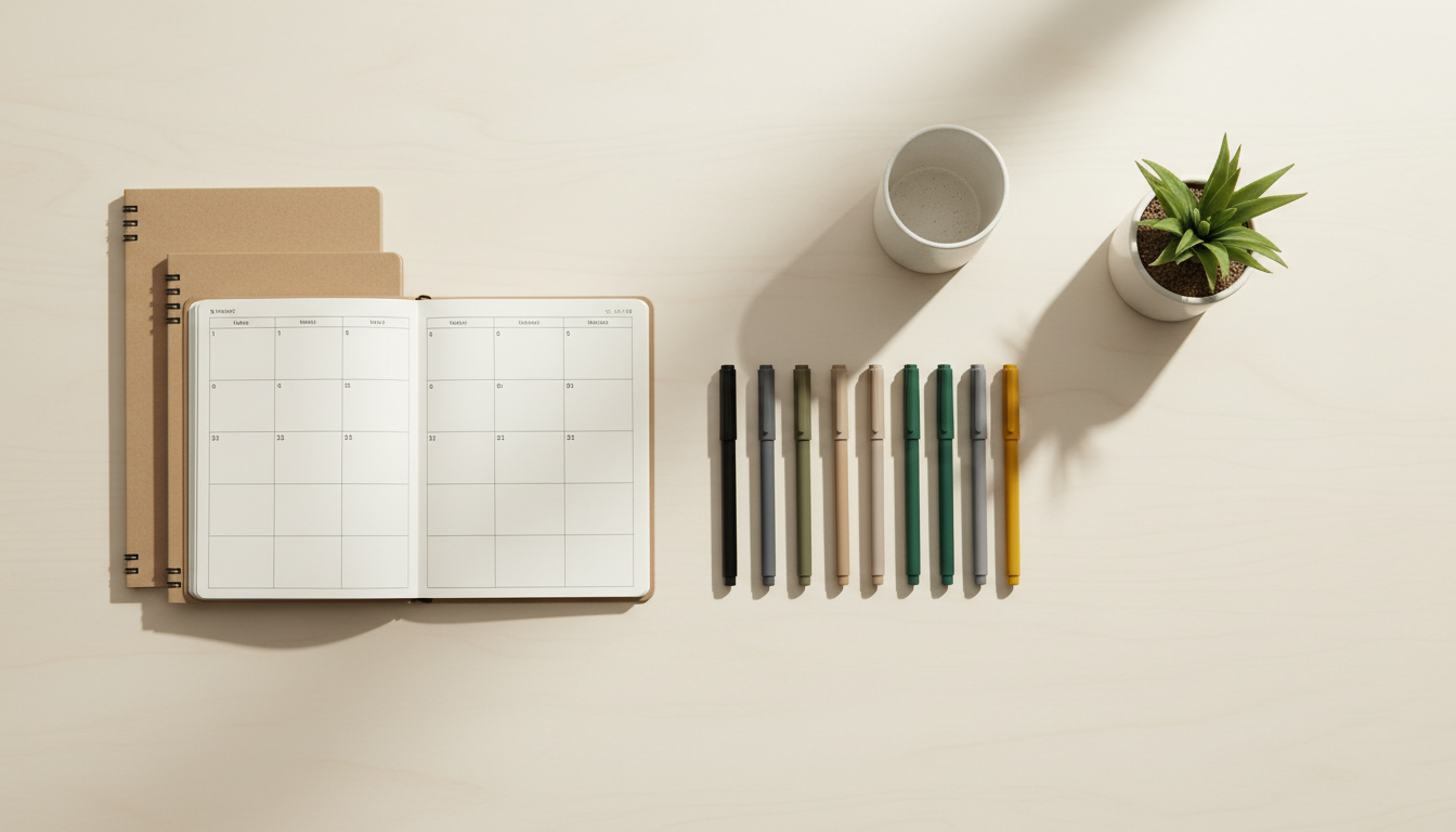 A calm study desk with notebooks, pencils and a lamp