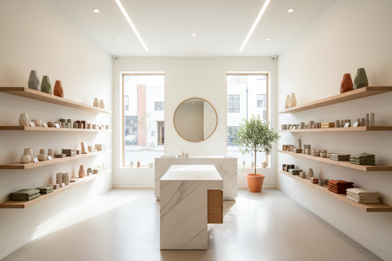 Bright minimal retail boutique with a marble checkout counter and wooden display shelves, the kind of counter a Zappy Stand sits on