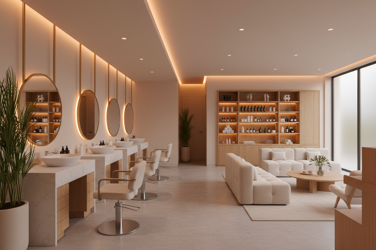 Warm modern salon with styling chairs, lit round mirrors, and a waiting lounge by the reception area