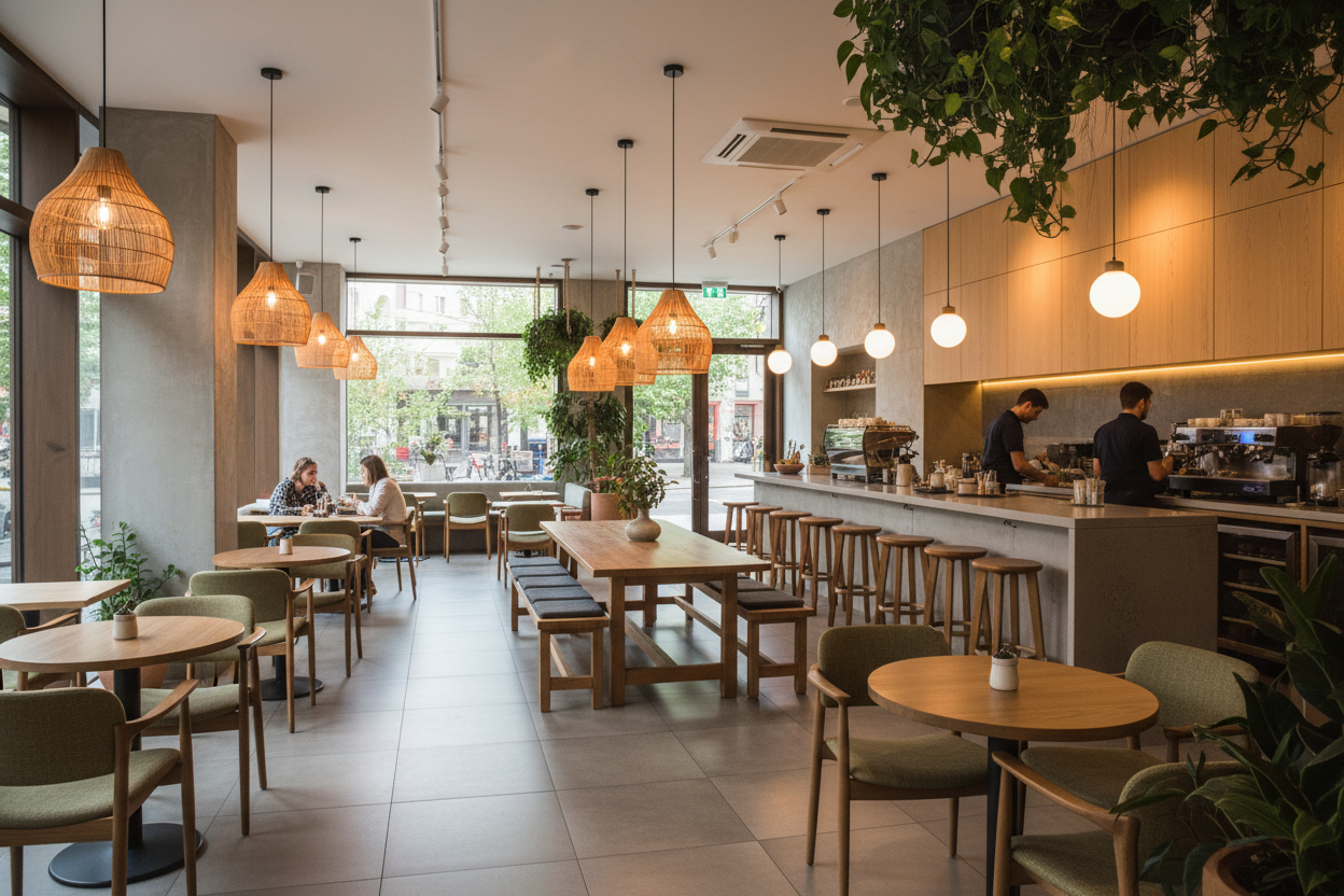 Modern coffee shop with wooden tables, woven pendant lights, and baristas working behind the service counter