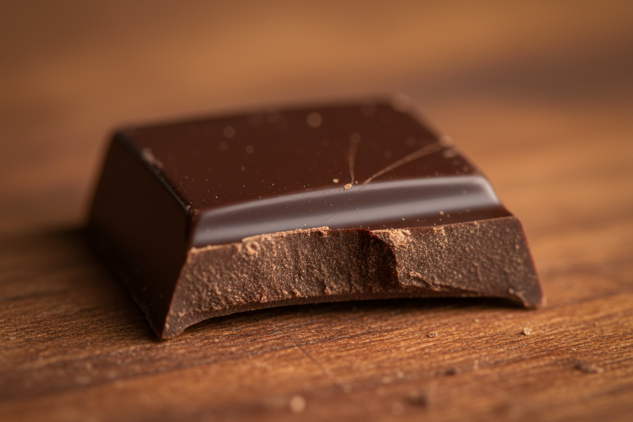 Ein dünnes Stück dunkle CHOCQLATE Schokolade mit feiner Bruchkante auf warmem Holz