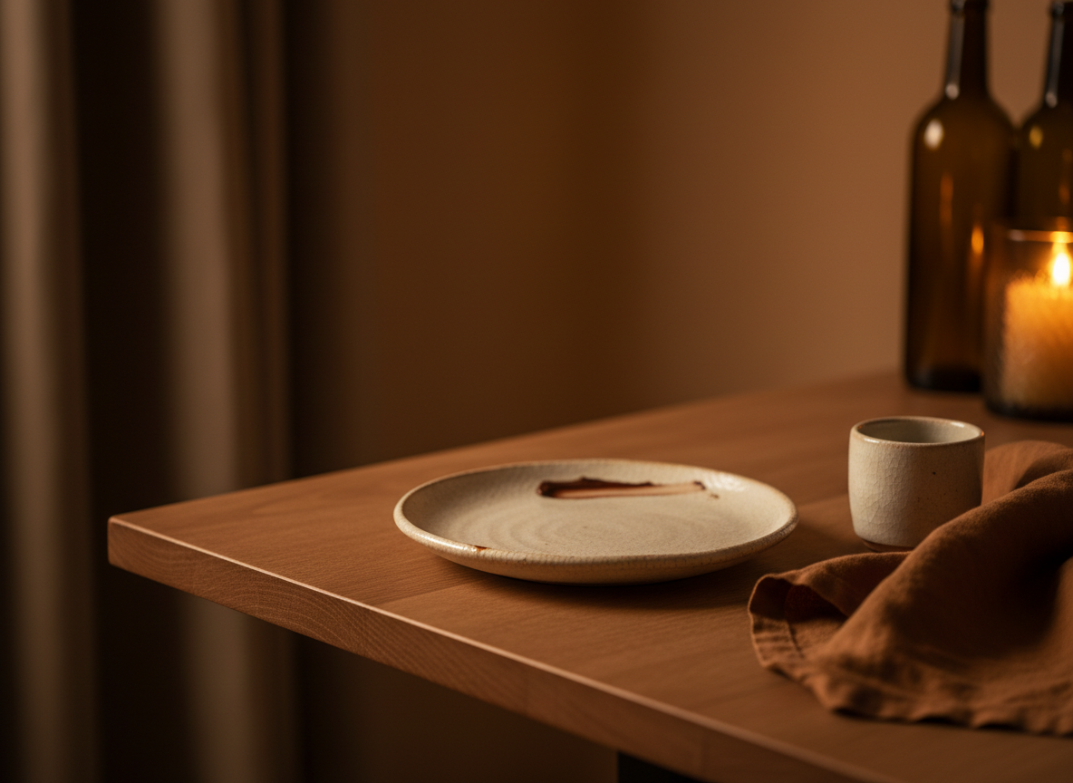 Warm beleuchteter Holztisch mit Keramikteller, Tasse und Leinentuch nach dem Schokoladenmoment