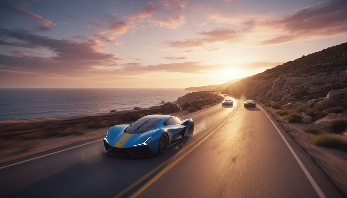 Supercar racing along a coastal road at sunset