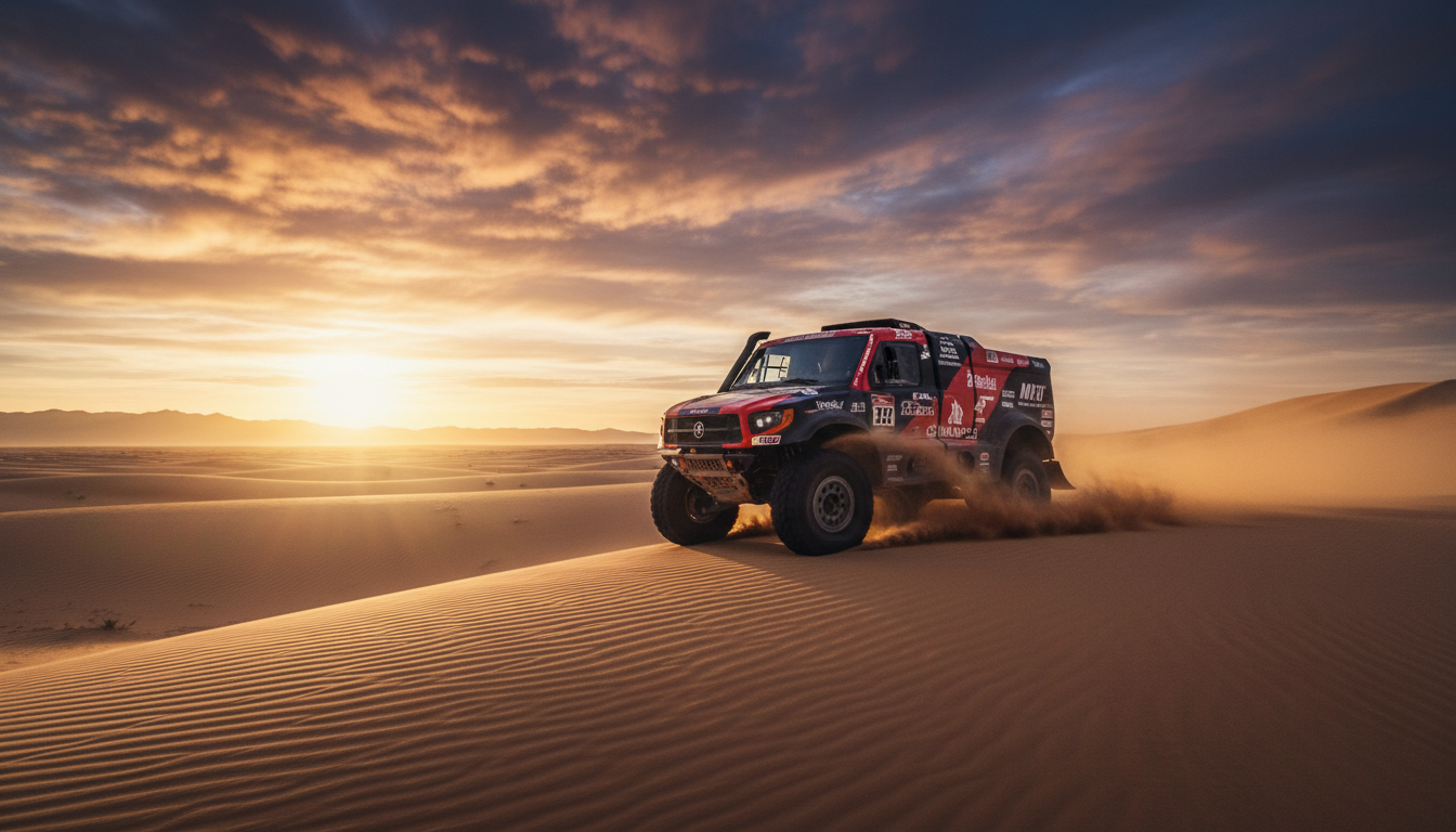Off-road rally vehicle racing across desert dunes