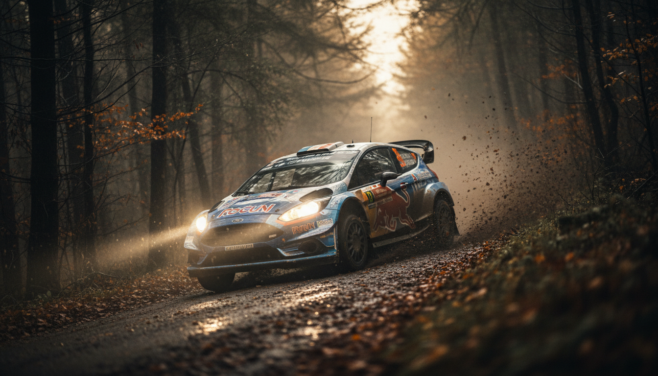 Rally car sliding through a gravel stage
