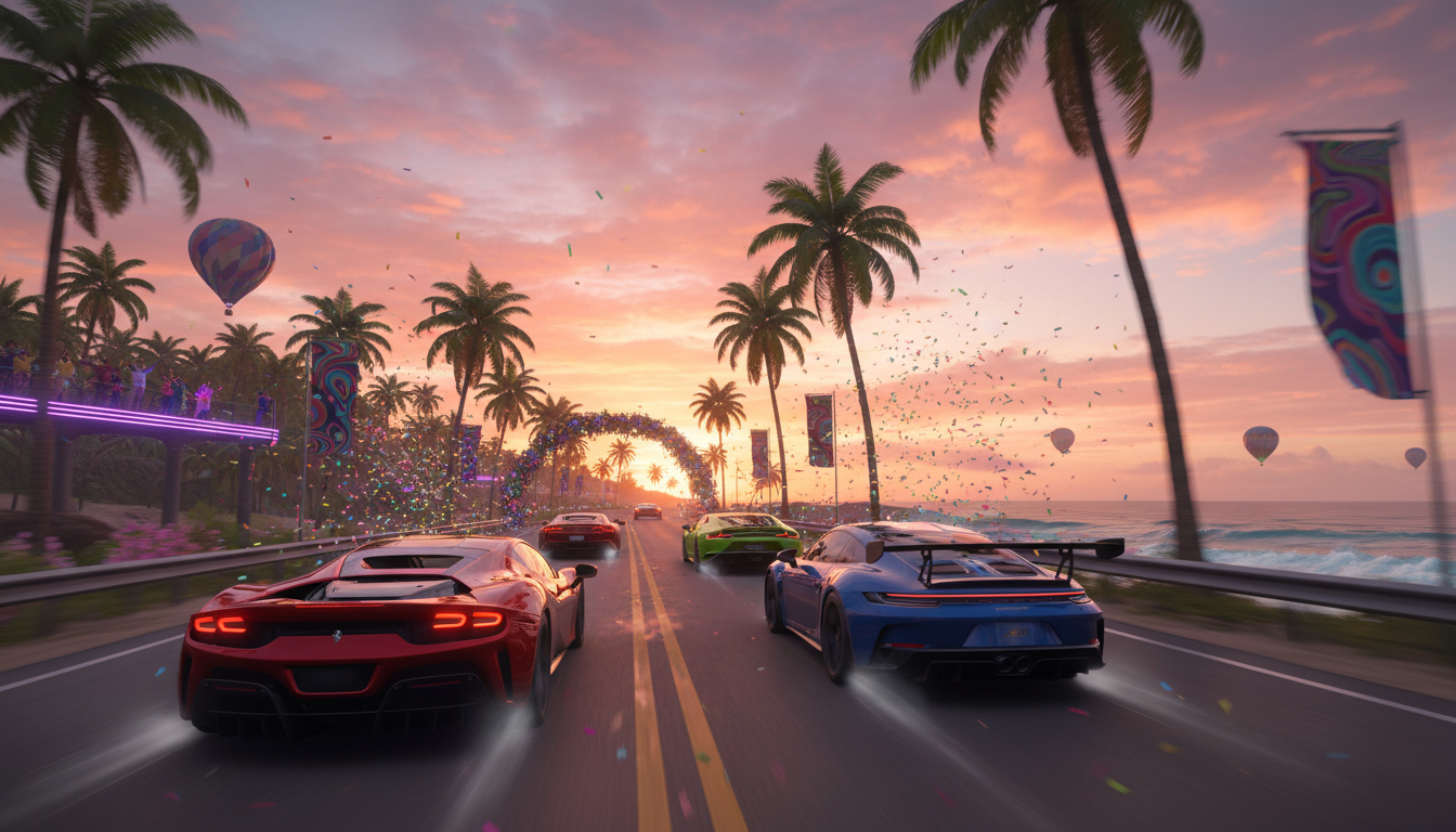 Sports cars racing through a tropical island festival