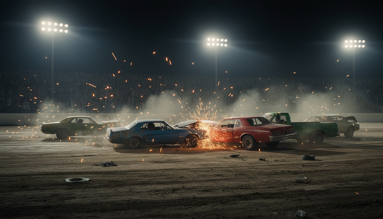 Demolition derby cars colliding under stadium lights