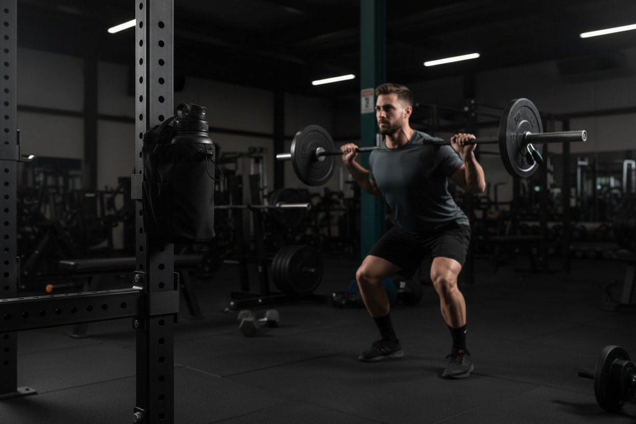 Athlete squatting while the Magnetic Training Dock stays mounted on the rack upright beside him