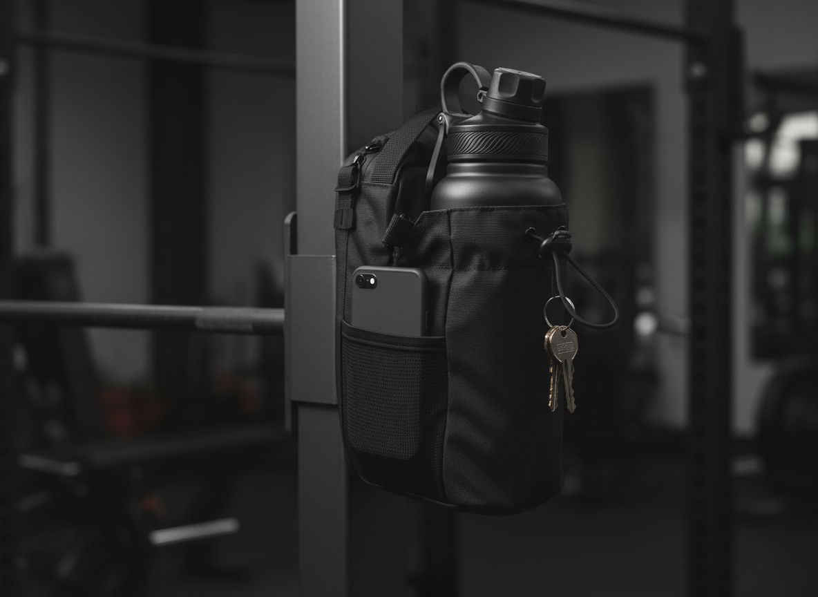 Training Dock holding a bottle with a phone in the outer pocket and keys clipped to the cord