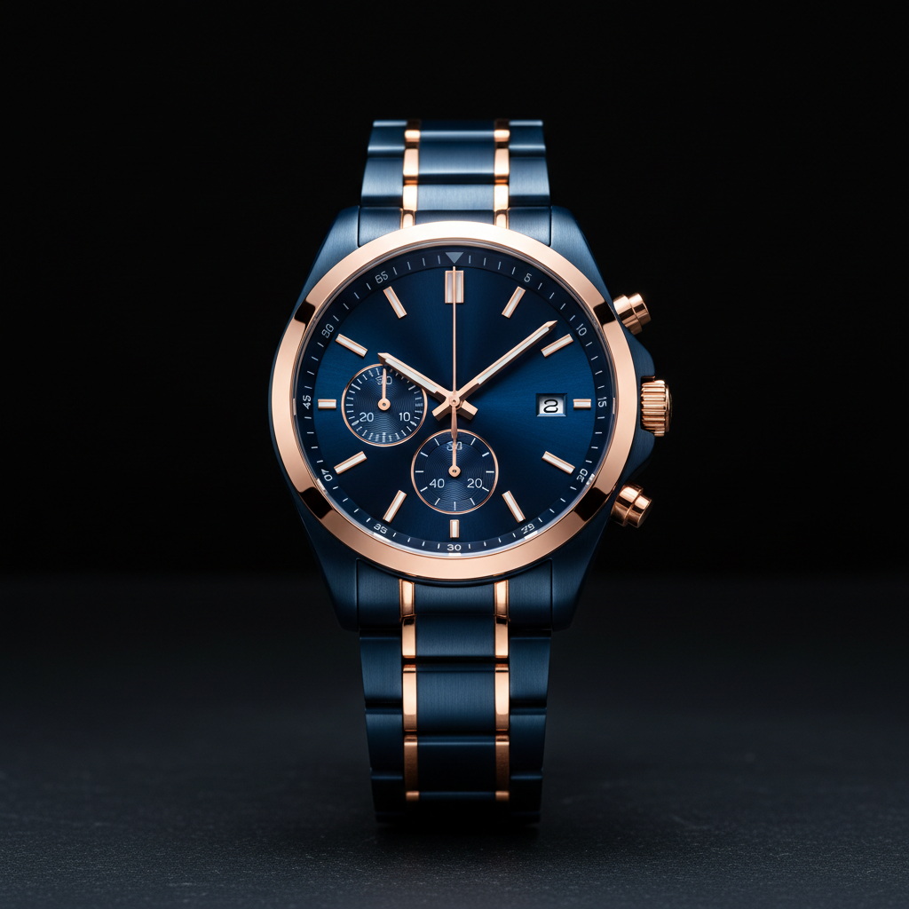 The chronograph in navy blue with a rose-gold bezel