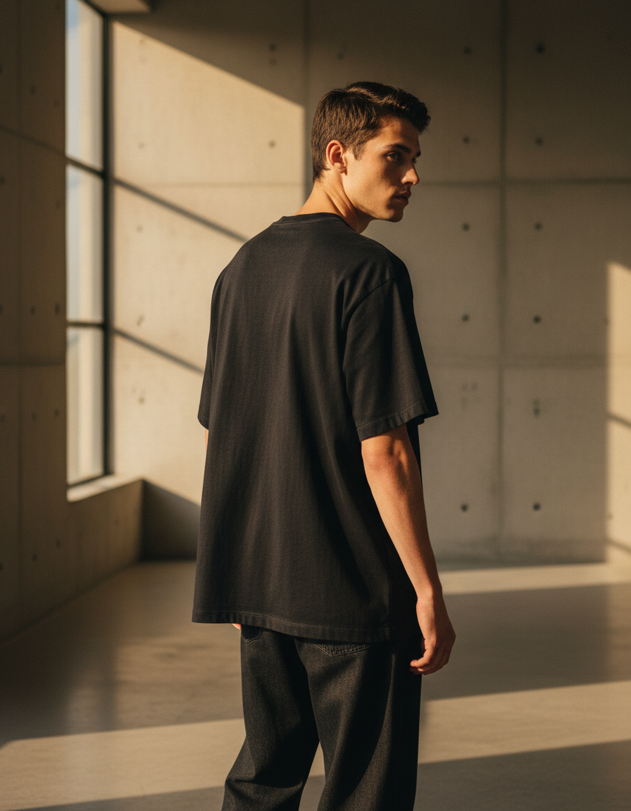 A man wearing an oversized heavyweight washed-black t-shirt in a sunlit minimal concrete space