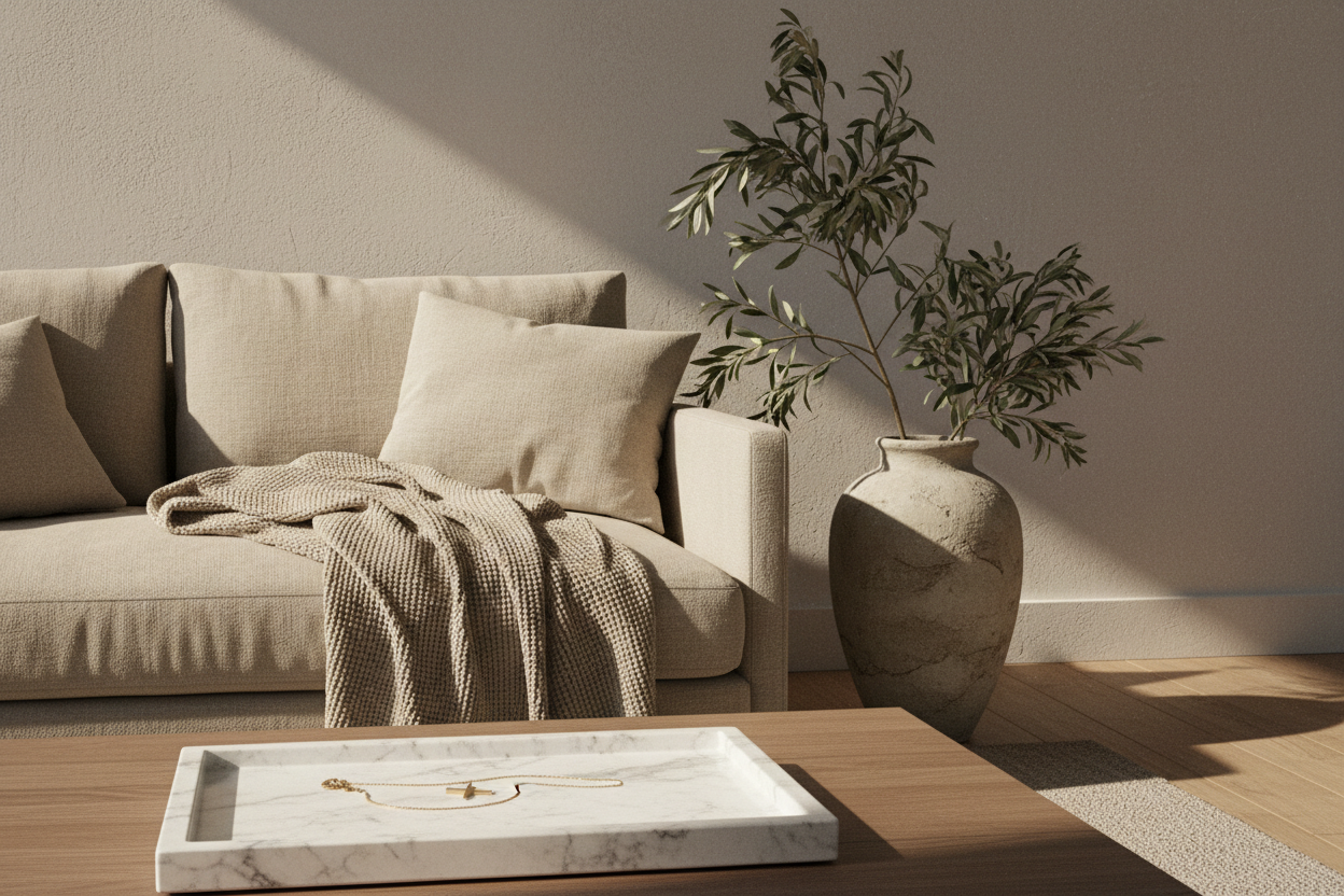 Minimal sunlit interior with a linen sofa, olive branch and gold necklace on a marble tray