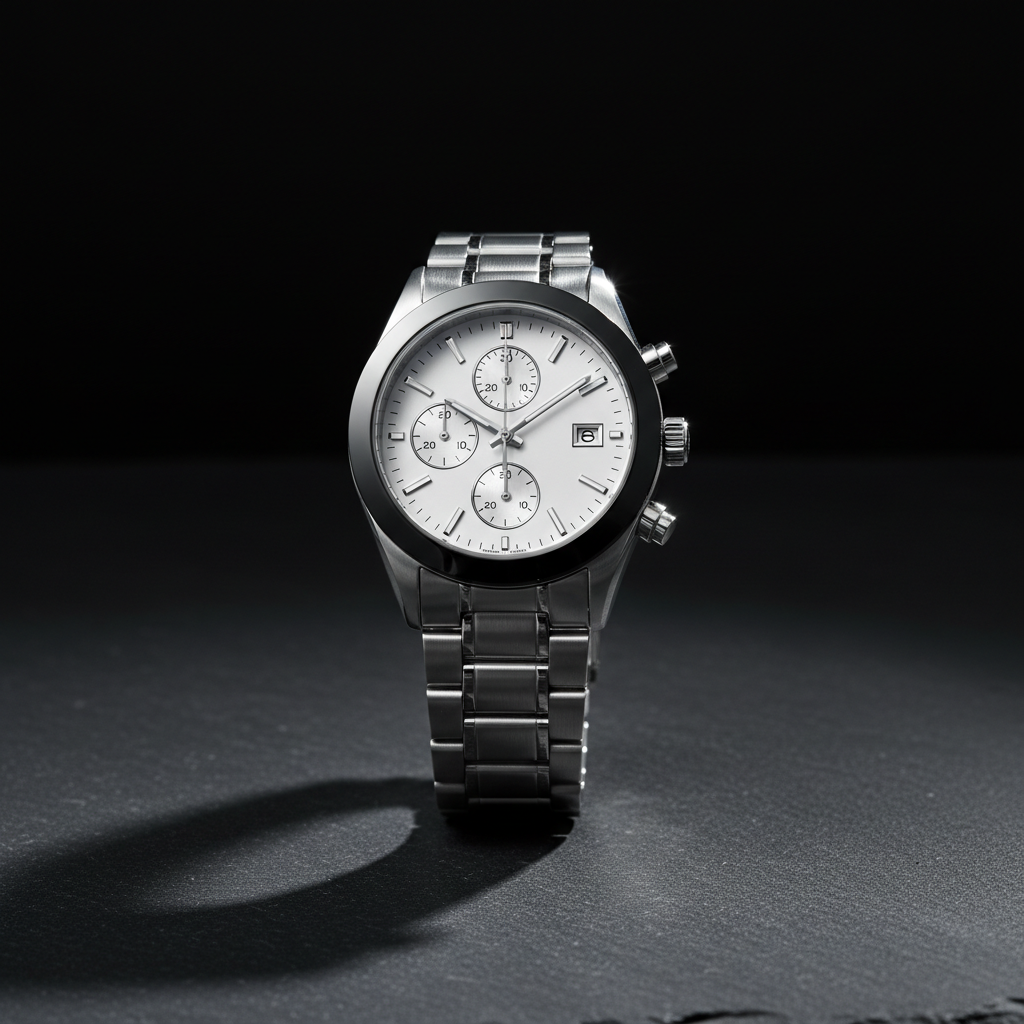 The chronograph in polished steel with a white dial and black indices