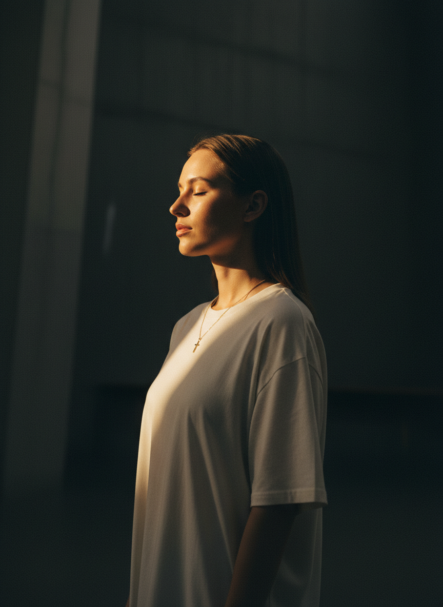 A woman in profile wearing a fine gold cross pendant, lit by a single shaft of warm light in a modern church interior