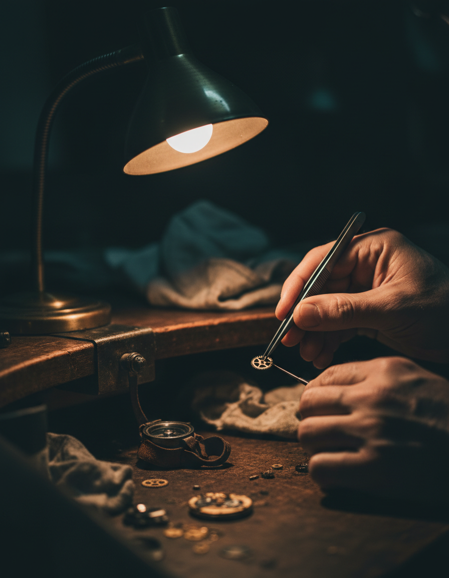 A watchmaker's hands setting a component at a dark bench under a single lamp
