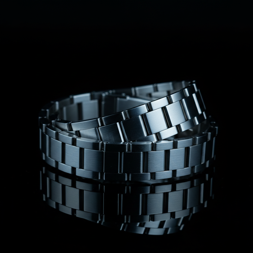 Macro view of a polished metal bracelet coiled on black glass