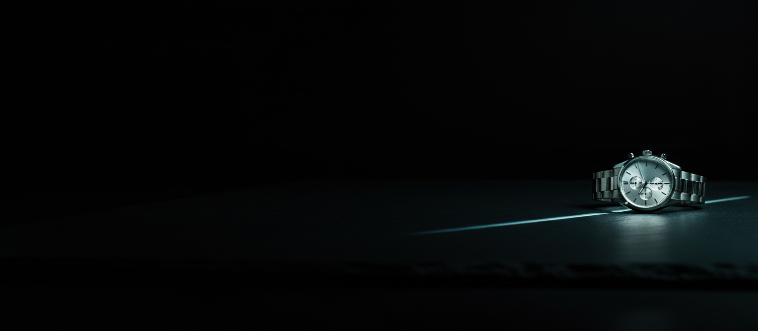The chronograph resting on dark slate under a single shaft of light