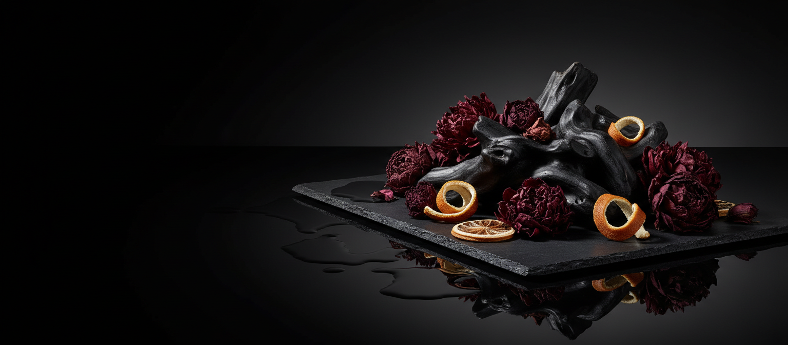 Dark still life of oud wood, dried burgundy florals and citrus peel on wet black stone