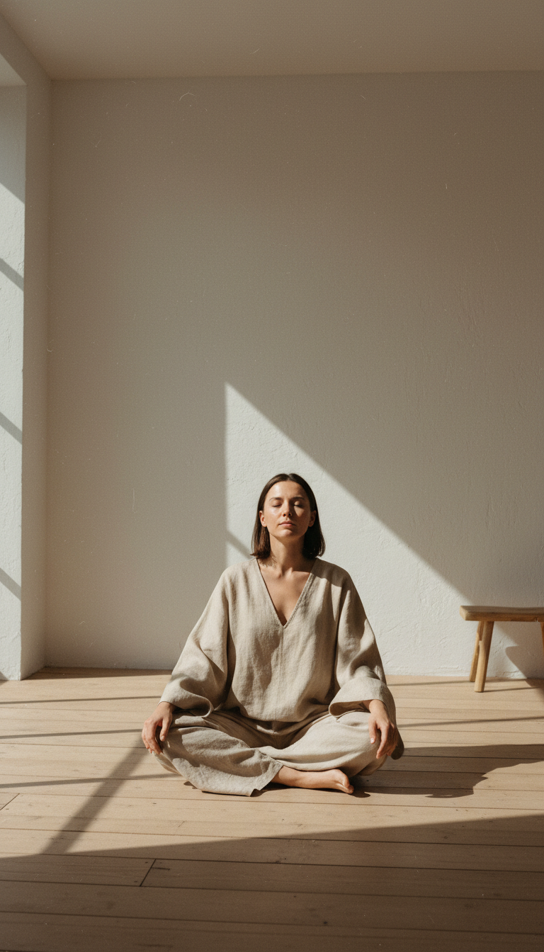 Woman sitting cross-legged and breathing in a sunlit minimal room