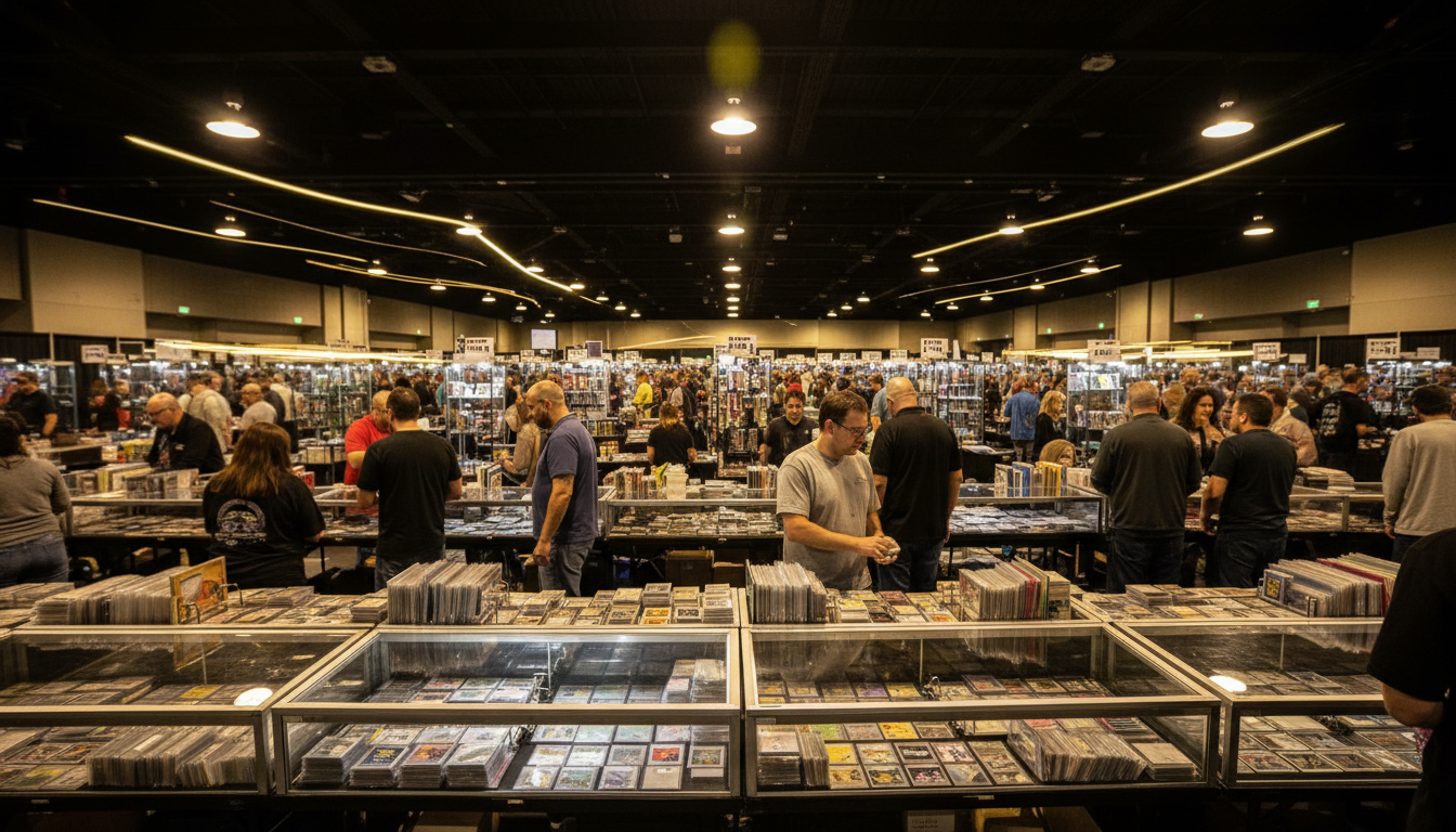 Collectors browsing vendor tables at a trading card show