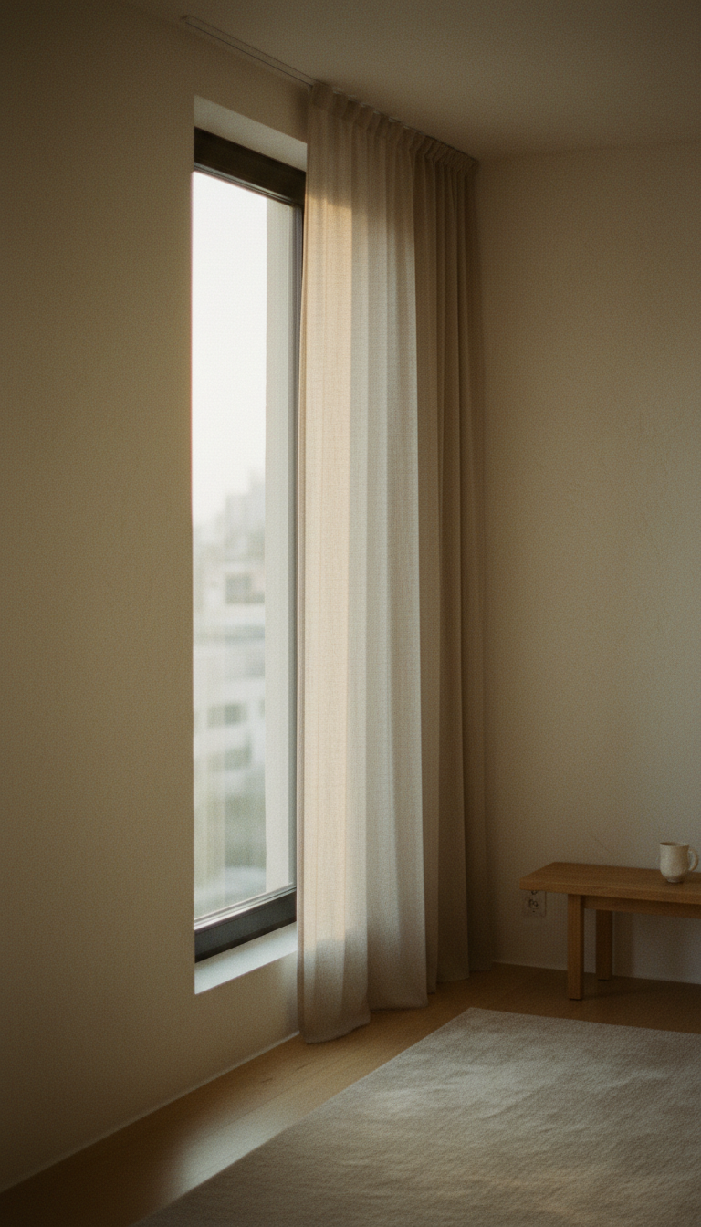 Man standing at a window with a warm mug in a quiet apartment
