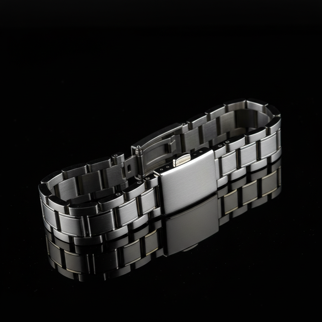 Macro view of the steel bracelet links and clasp