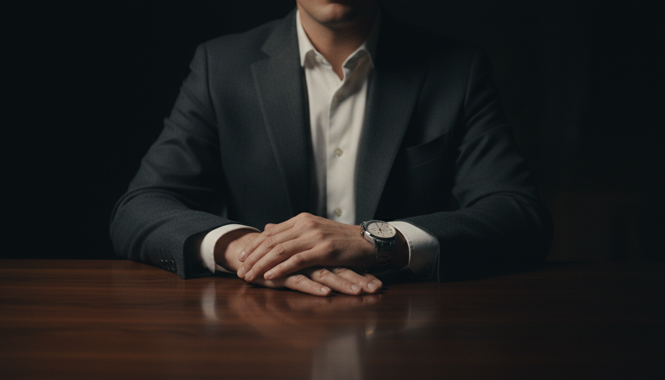The chronograph worn with charcoal tailoring at a dark table