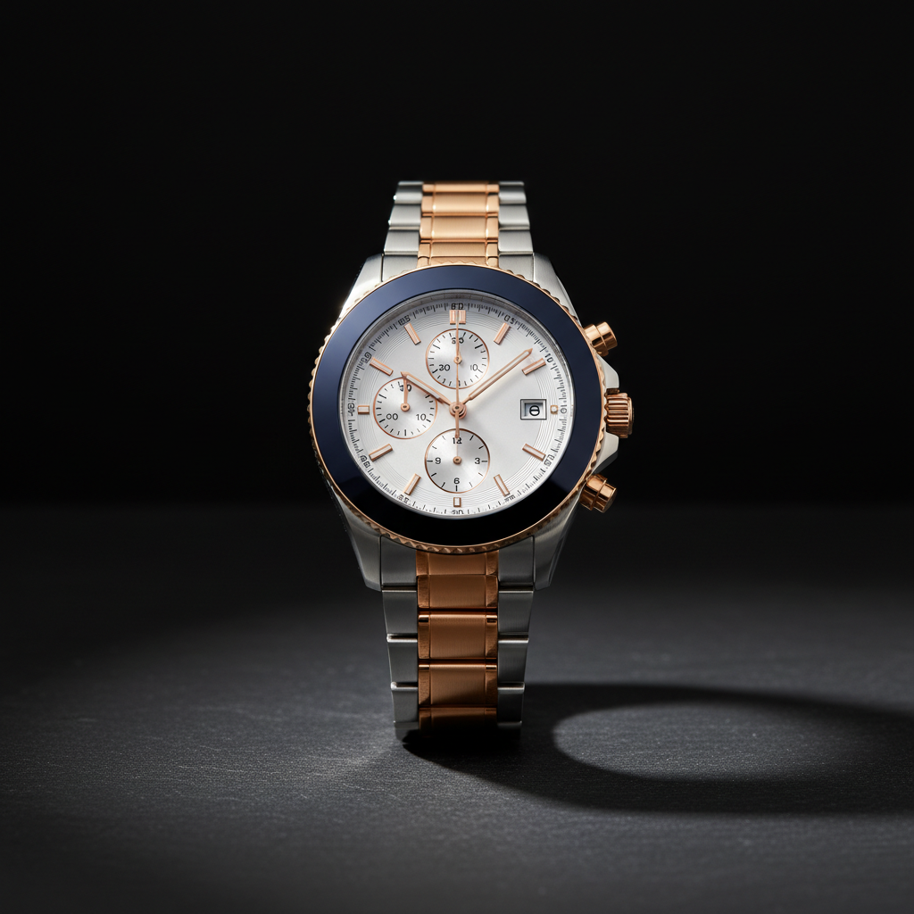 The chronograph in polished steel with a white dial and rose-gold markers